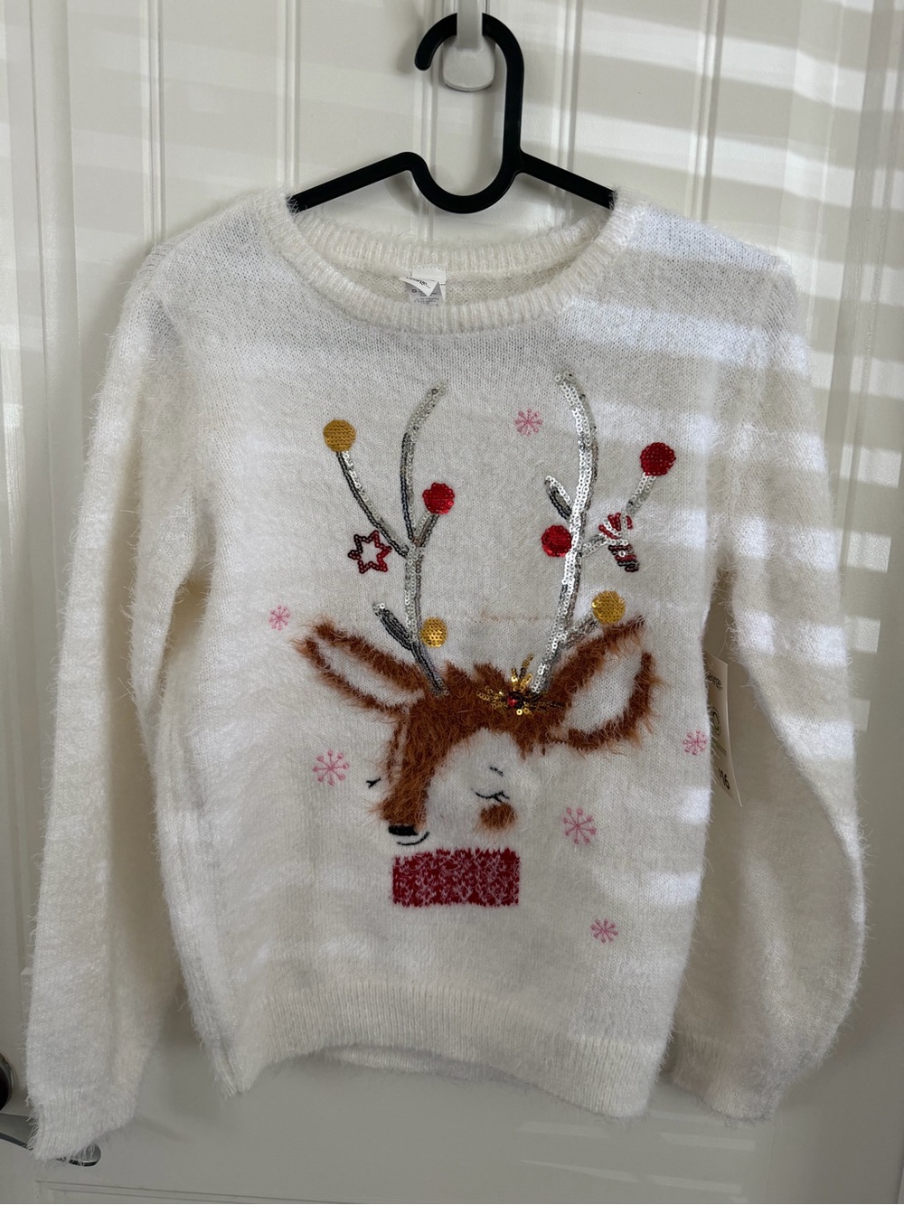 George White Fuzzy Reindeer Crewneck Sweater with Pink & Red Accents
